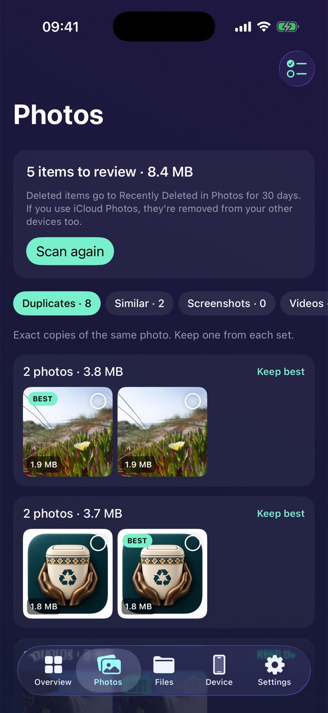 Duplicates: sets of identical photos with the best one marked